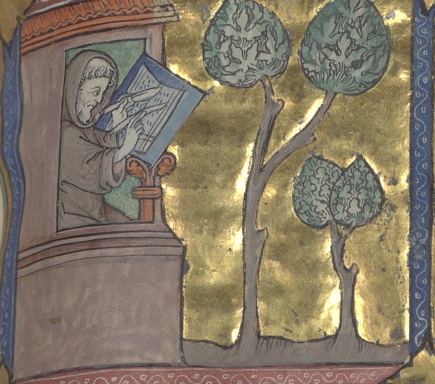 The Renclus de Molliens, pictured writing in his cell in Paris, Bib. de l'Arsenal, MS 3142, f. 203r.  Reproduced by courtesy of Bibliothèque nationale de France : gallica.bnf.fr/?lang=EN